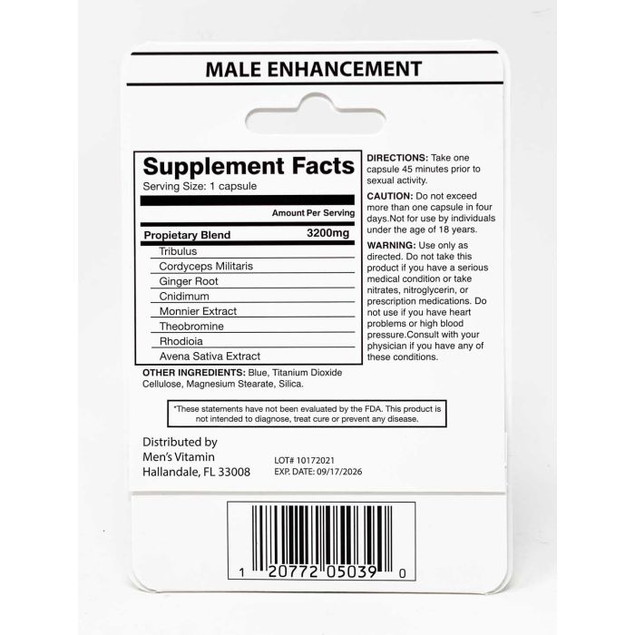Supplement Facts panel of Men’s Vitamin Sexual Enhancement Dietary Supplement.