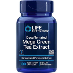 "Mega Green Tea Extract bottle and capsules – Life Extension vegan formula with high antioxidant potency"

