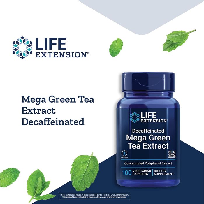"Front label of Mega Green Tea Extract supplement by Life Extension – decaffeinated, high-EGCG formula"

