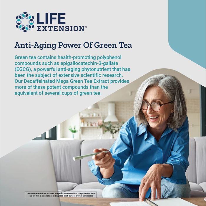 "Life Extension Decaffeinated Mega Green Tea Extract bottle – 725 mg antioxidant support, 100 vegetarian capsules"

