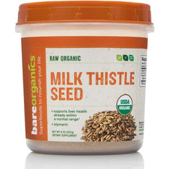 "BareOrganics Milk Thistle Seed Powder – 8 oz jar front view with organic label"
