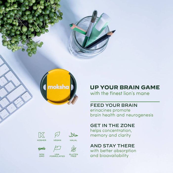 Supplement facts panel of Moksha Focus Lion’s Mane with erinacines extract