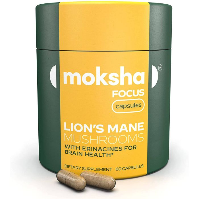 Moksha Focus Lion’s Mane Mushrooms bottle with 60 capsules for brain health support