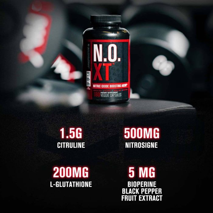 N-O-XT powder supplement – 60 vegan capsules for improved nitric oxide production and better circulation.