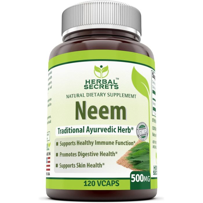 Herbal Secrets Neem supplement facts – 1000 mg neem leaf powder per serving