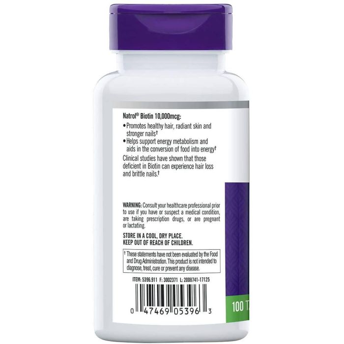 "Supplement facts panel of Natrol Biotin showing 10,000 mcg dosage"