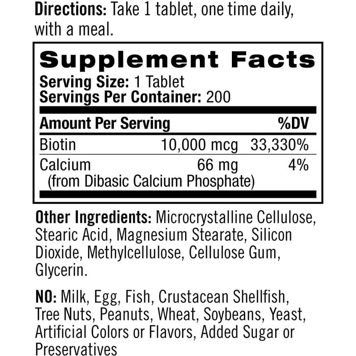 "Front label of Natrol Biotin Beauty Tablets with high potency and strawberry flavor"