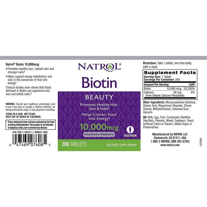 "Natrol Biotin 10,000 mcg bottle – 100 tablets for hair, skin, and nail support"