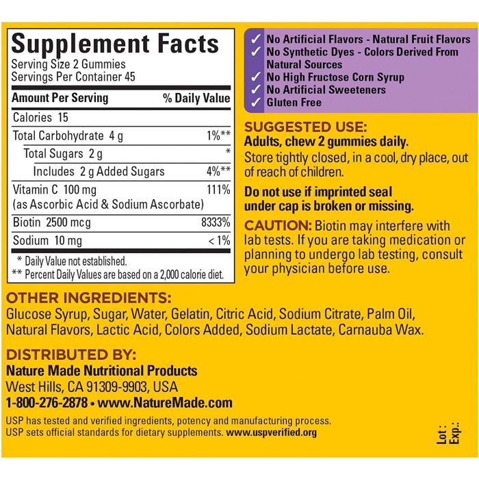 "Nature Made Biotin Gummies – Supports stronger hair, skin, and nails with Vitamin C and E"