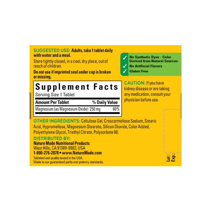 Supplement Facts panel of Nature Made Magnesium – showing 250 mg dosage per tablet