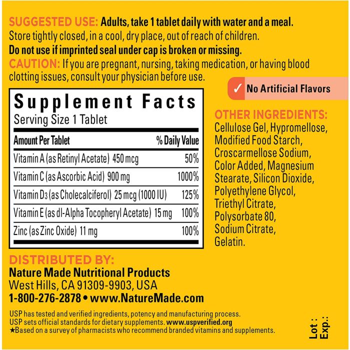 Open tablet bottle of Super C on table – daily wellness supplement by Nature Made