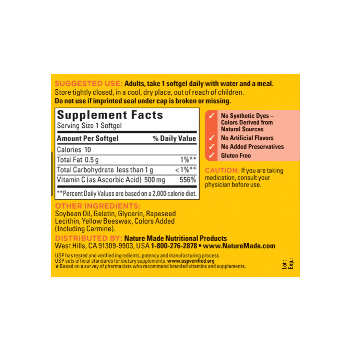 Nature Made Vitamin C 500mg 60 Softgels Immune System Support
