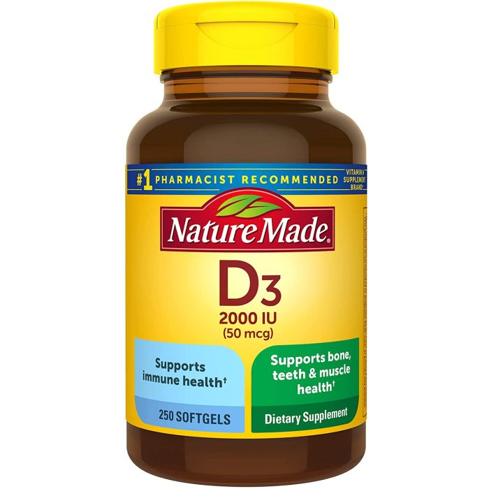 Nature Made bottle front – 2000 IU vitamin D3, gluten-free, made in USA