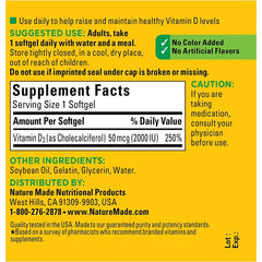 Back label of Nature Made Vitamin D3 – supplement facts panel with dosage info