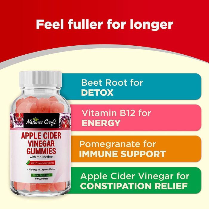 Supplement facts label for Apple Cider Vinegar Gummies by Nature’s Craft