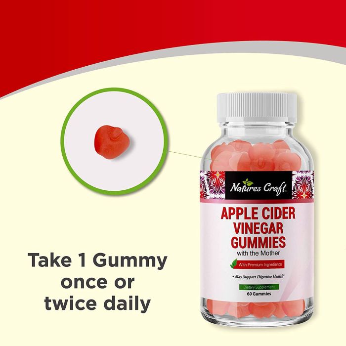 Supplement facts label for Apple Cider Vinegar Gummies by Nature’s Craft