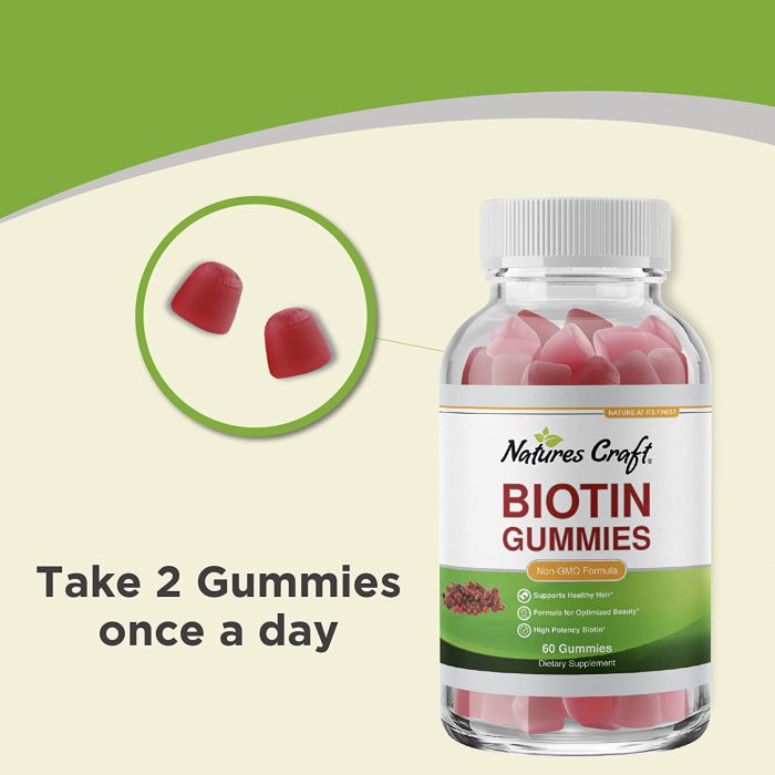 "Front label of Nature’s Craft Biotin 60 Gummies – non-GMO hair skin and nails formula"