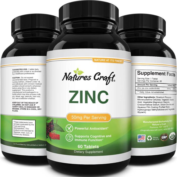 "Nature’s Craft zinc supplement bottle – non-GMO and made in USA"