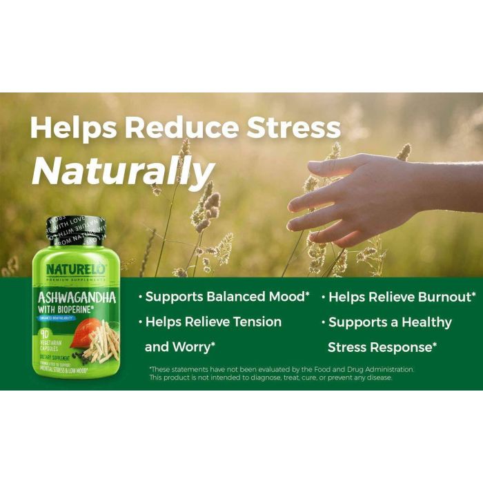 Naturelo Ashwagandha label – featuring 1200 mg organic Ashwagandha root extract and 10 mg Bioperine® for better absorption and stress management.