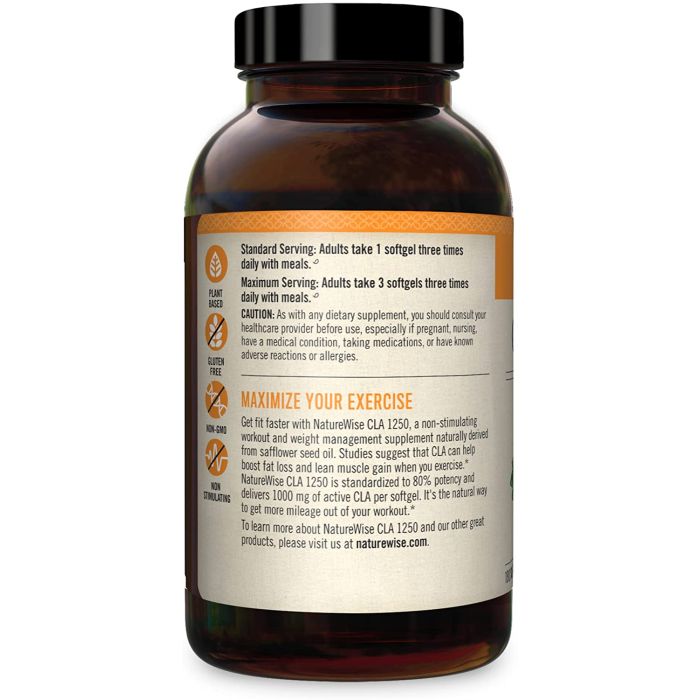 "Close-up of NatureWise CLA 1250 softgel – Promotes exercise performance and fat burning."