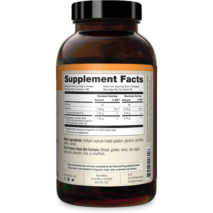 "Bottle of NatureWise CLA 1250 – Non-GMO, gluten-free supplement for fat loss."