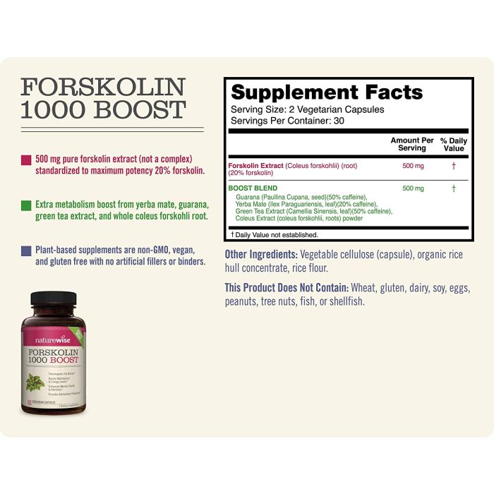 "NatureWise Forskolin 1000 – Non-GMO, gluten-free, and vegan fat burner for a healthy lifestyle."