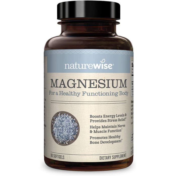 NatureWise Magnesium product label close-up – Non-GMO, soy-free, gluten-free supplement