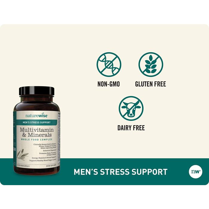 Infographic showing Sensoril Ashwagandha and benefits of NatureWise Men's Multivitamin