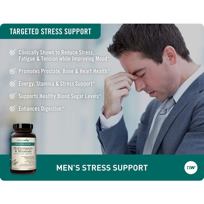Infographic showing Sensoril Ashwagandha and benefits of NatureWise Men's Multivitamin
