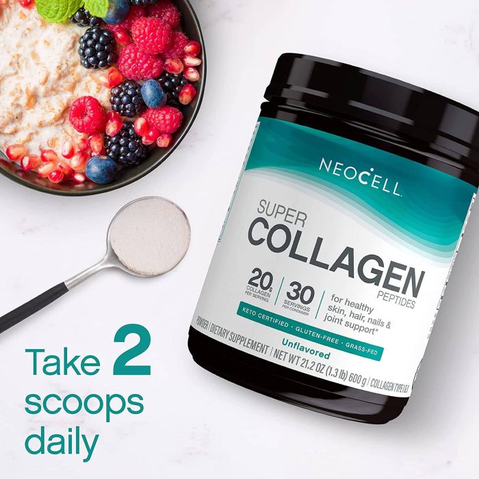 Collagen peptides powder in a 21.2 oz container to improve skin elasticity.