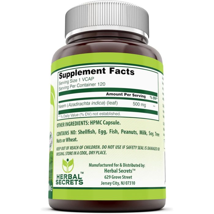 Herbal Secrets Neem supplement facts – 1000 mg neem leaf powder per serving