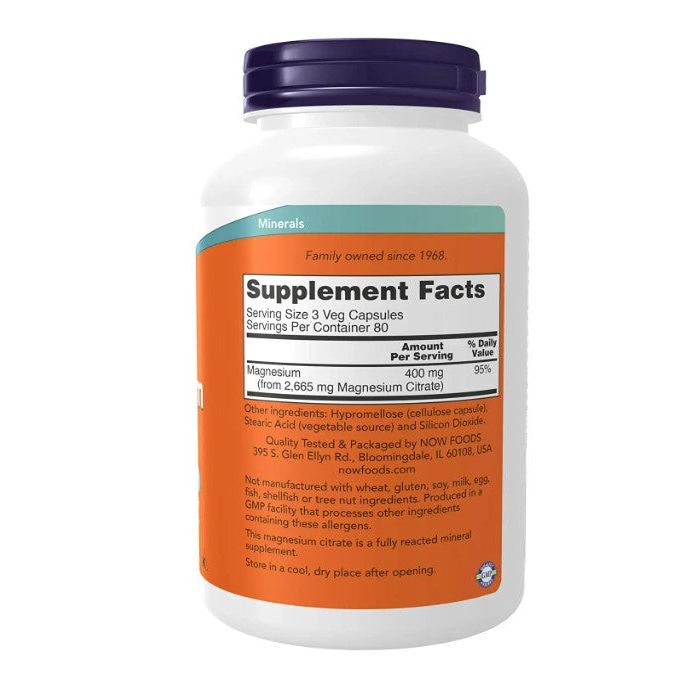 "Front label of NOW Foods Magnesium Citrate bottle – vegan, non-GMO, gluten-free"