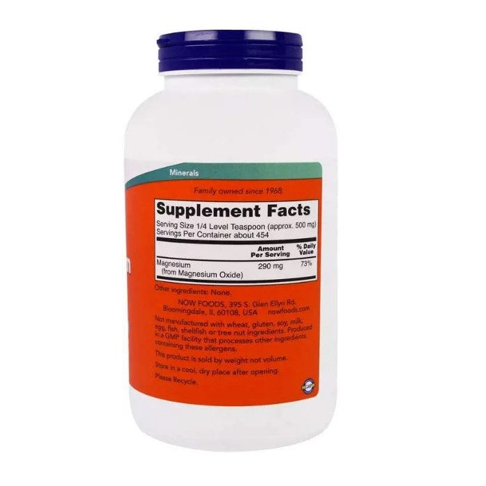 "Front label of NOW Magnesium Oxide Pure Powder – clean-label nervous system support"