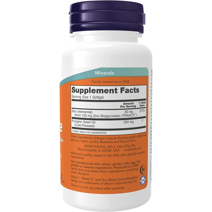 NOW Foods Zinc Glycinate front label – TRAACS zinc with pumpkin seed oil for men’s health