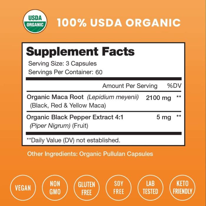 Nutra Champs Maca Powder – organic Peruvian maca root for stamina and hormone balance, 180 capsules.