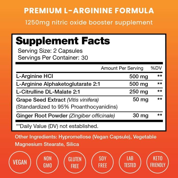 Supplement facts panel showing 1300 mg L-Arginine and Beet Root Extract