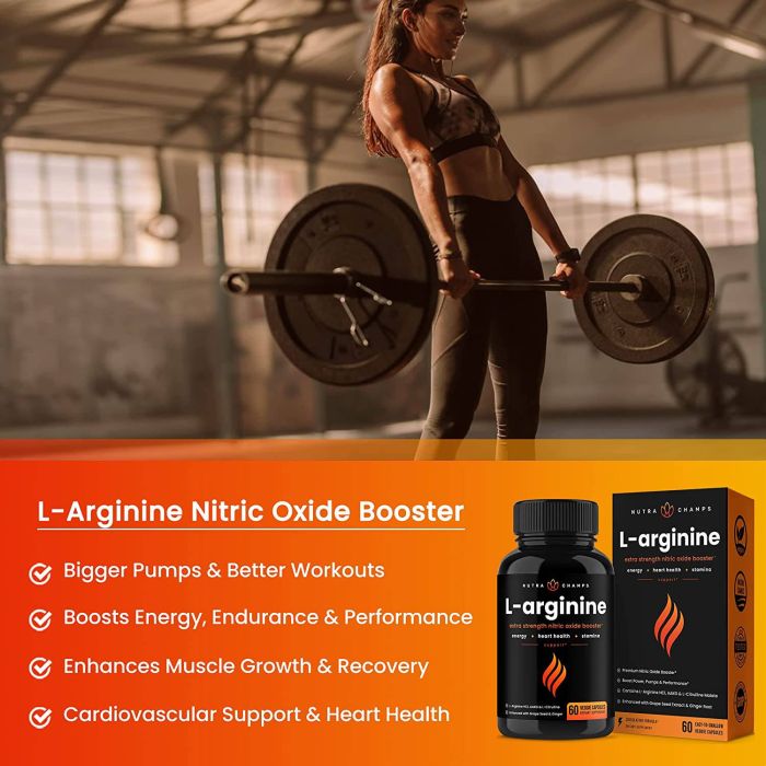 Front bottle of Nutra Champs L-Arginine with nitric oxide formula and vegan label