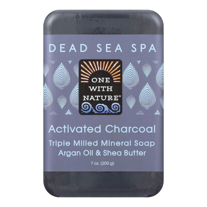 Back label of One With Nature Dead Sea Mineral Soap showing ingredients and certifications"