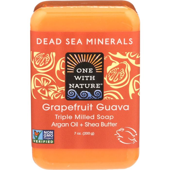 Back label of One With Nature Dead Sea Mineral Soap showing ingredients and certifications