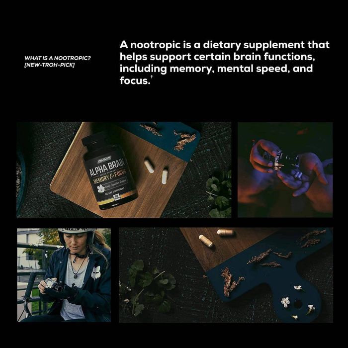 Supplement facts for Onnit Alpha Brain – includes 300 mg Alpha GPC, 175 mg Cat’s Claw, and 100 mcg Huperzine A.