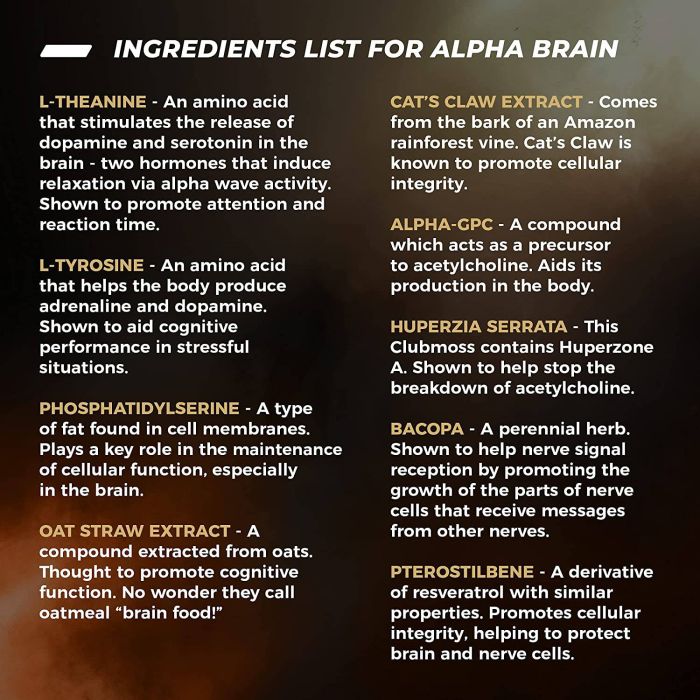 Alpha Brain product label – enhances memory, focus, and cognitive function with natural ingredients like Alpha GPC and Oat Straw.