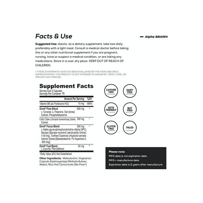 Onnit Alpha Brain ingredients – natural cognitive support with Phosphatidylserine, Huperzine A, and more.