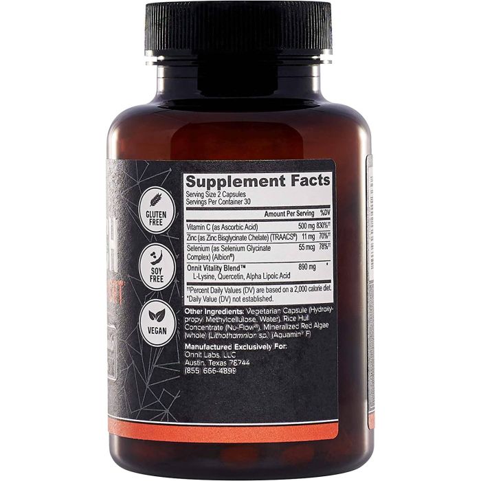 "Supplement facts panel for Onnit ViruTech showing vitamin C, zinc, selenium, and herbal blend"