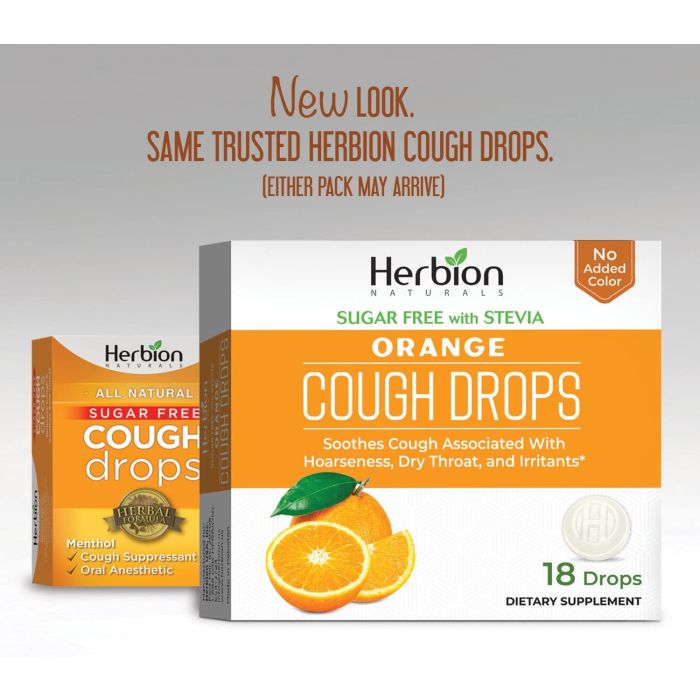 Herbion Naturals cough drops with natural orange flavor and stevia, Non-GMO and gluten-free