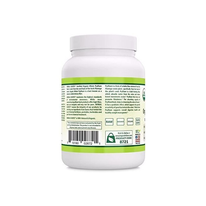 Front label of Herbal Secrets Organic Whole Psyllium Husk – USDA Organic, Non-GMO, gluten-free fiber powder for gut health