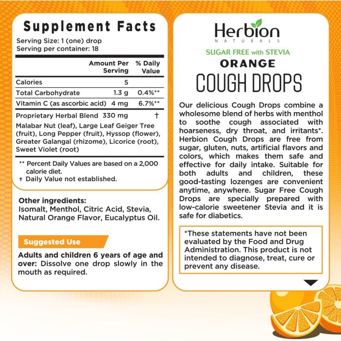 Supplement facts label of Herbion Naturals Orange Flavored Sugar-Free Cough Drops