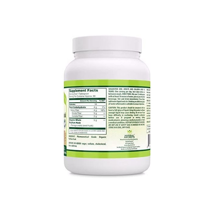 Herbal Secrets Organic Psyllium Husk 16 oz bag – natural fiber supplement for digestive health and weight management
