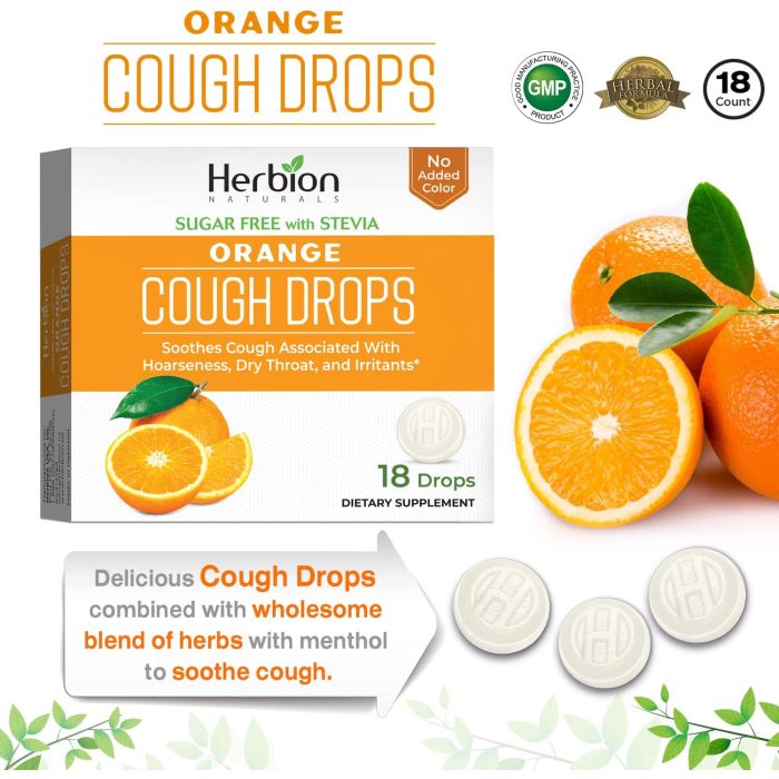 Herbion Naturals Orange Flavored Sugar-Free Cough Drops box with 18 lozenges for soothing cough relief
