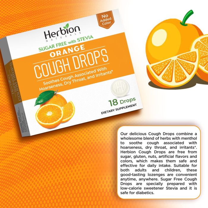 Close-up of Herbion Naturals sugar-free orange cough drops with natural menthol and herbal extracts