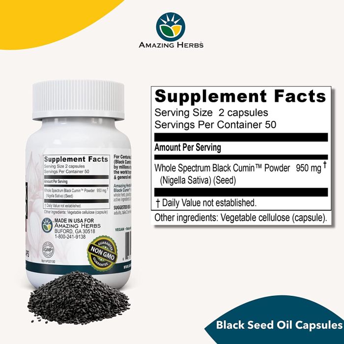 "Side view of Amazing Herbs Black Seed – gluten-free, non-GMO, vegan supplement"